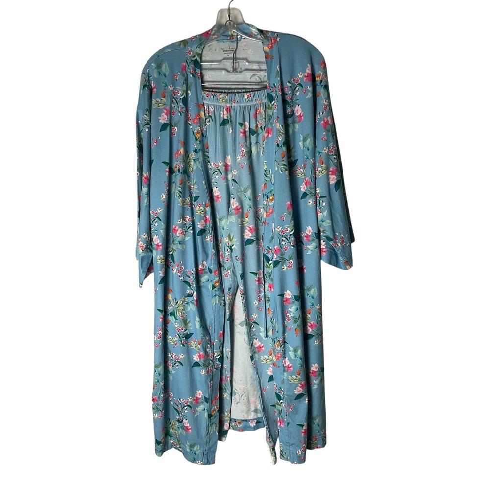 Garnet Hill Robe Pants Set 2-Piece Cotton Blue Floral Open Loungewear Size XS